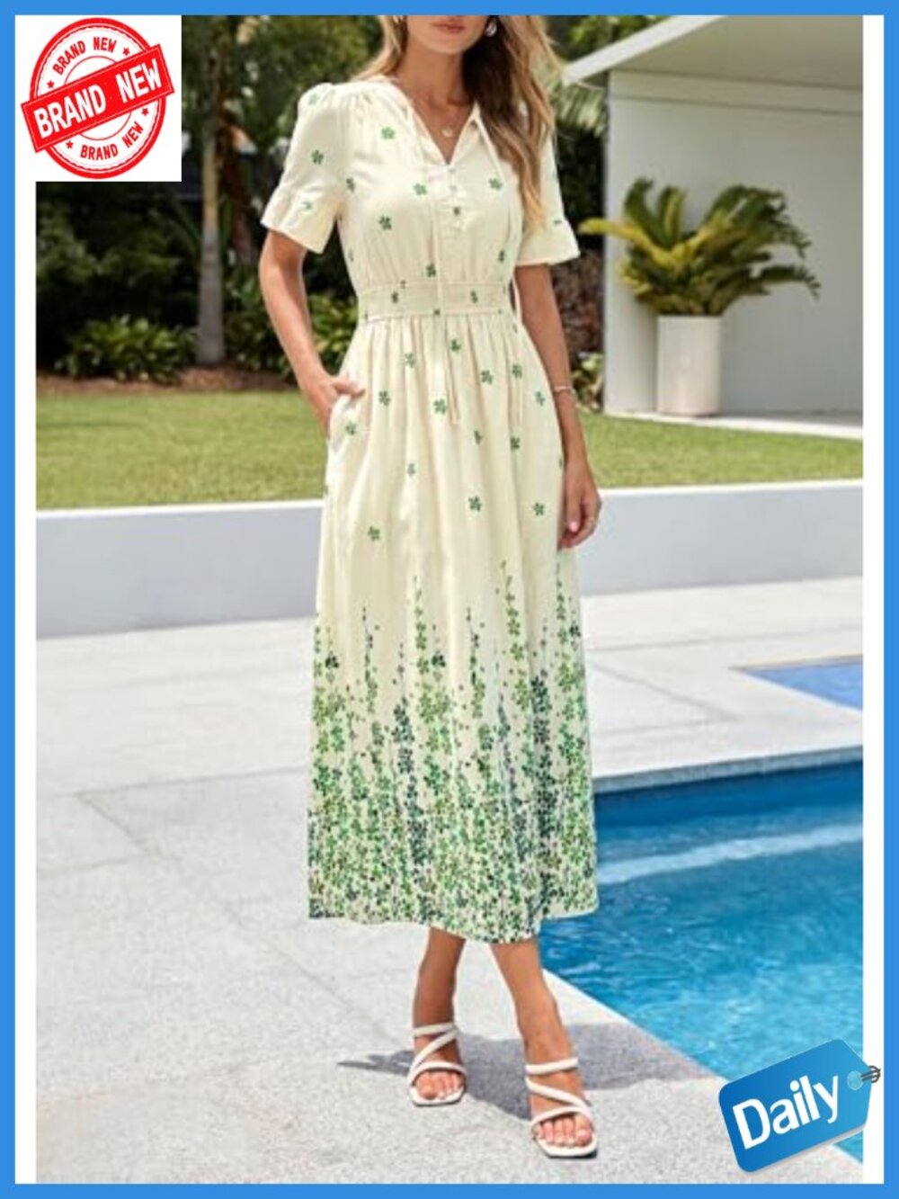 Boho Floral Maxi Dress Short Sleeve Tie V-Neck with Pockets - Picture 4 of 6